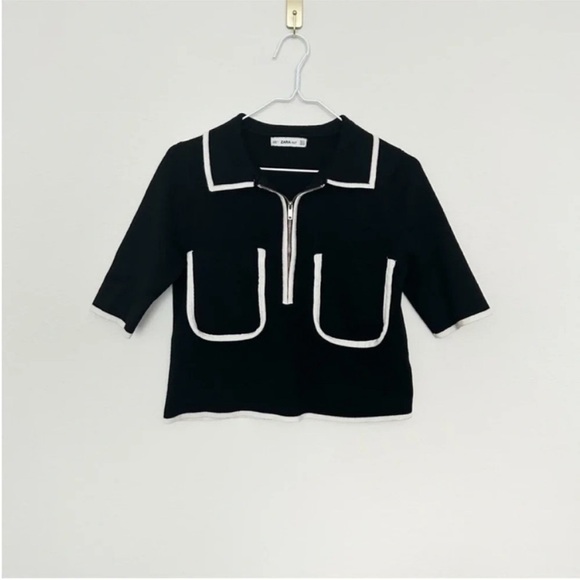 Zara Black & White Knit Skirt & Top Set Contrast Piping - Picture 8 of 12